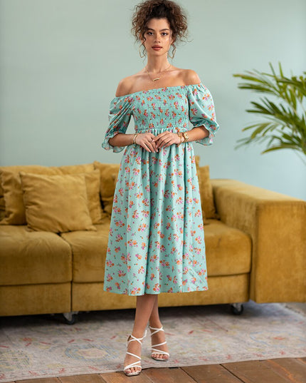 Klänningar med slits Blå Rosa Röd Blommig Boho Sommar Lång Damklänning Off Shoulder Sexig Strand Maxiklänningar för kvinnor 2023