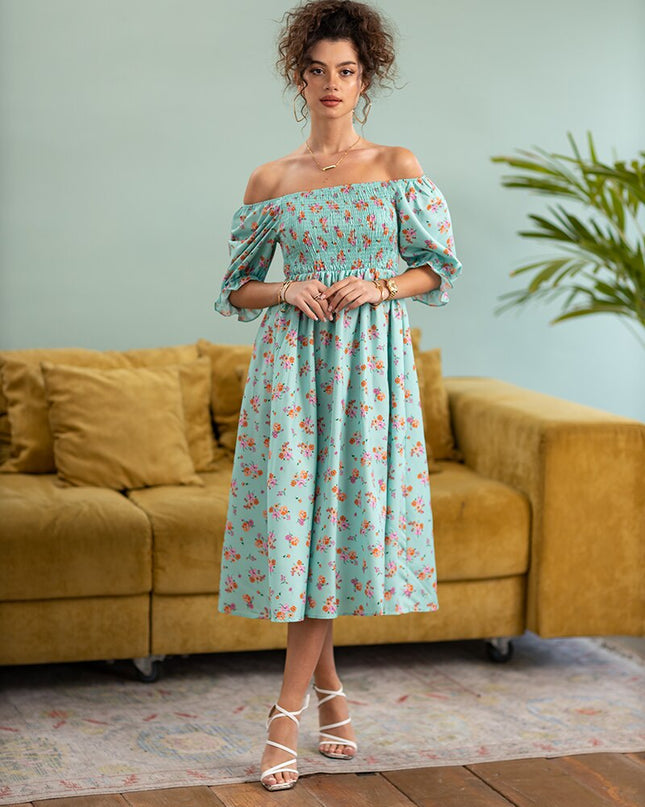 Schlitzkleider Blau Pink Rot Blumen Boho Sommer Lange Damenkleider Schulterfrei Sexy Strand Maxikleider für Damen 2023