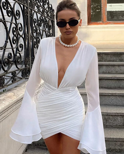 White Ruched Bodycon Mini Dress - Elegant & Sexy for Club Party - V Neck, Long Sleeve - Women's Fashion Vestidos