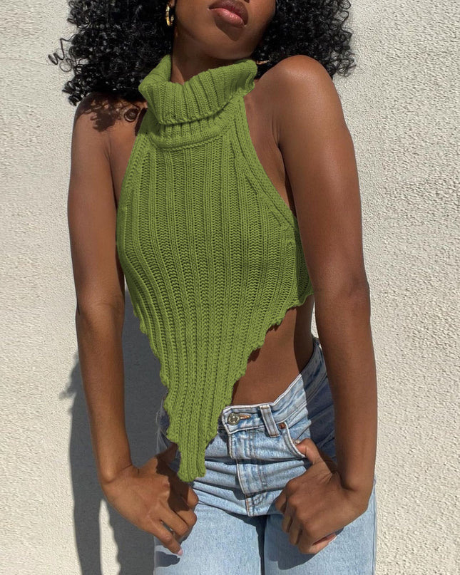 Fashion Knitted Turtleneck Crop Tops for Women Summer Sexy Sleeveless Backless Tanks Cropped Party Club Clothes