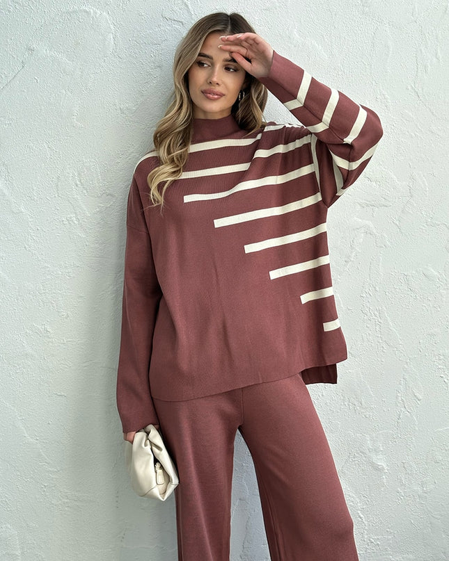 Knitted Two Piece Women Sets Long Sleeve Loungewear Knit Tracksuit Women Two Piece Set White Striped 2 Piece Set Women Outfit