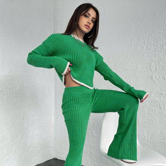 Fashion Knit Sweaters 2 Piece Sets Elegant Outfits for Women Casual Top and Pants Slit Sets Matching Sets Clothes