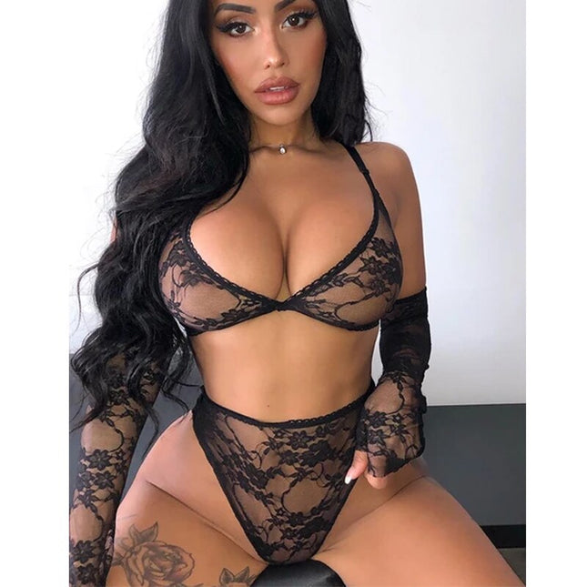 Het Erotisk Sexig Spets Nät Bodysuit Sexig Ärmlös Rygglös Teddy Babydoll Rem Djup V-ringad Pyjamas Dam Mode Overall