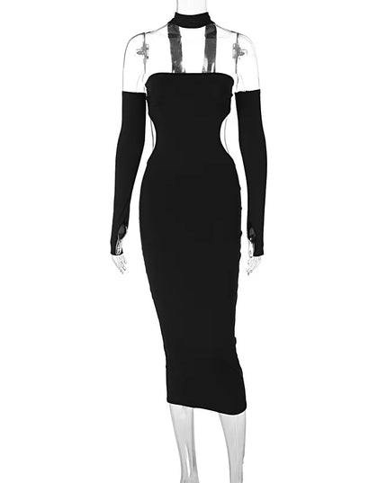 Sexy rückenfreies Maxikleid mit Neckholder und Handschuhen – Damenmode