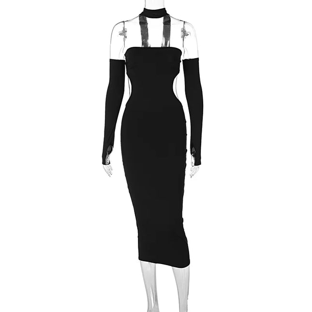 Sexy rückenfreies Maxikleid mit Neckholder und Handschuhen – Damenmode