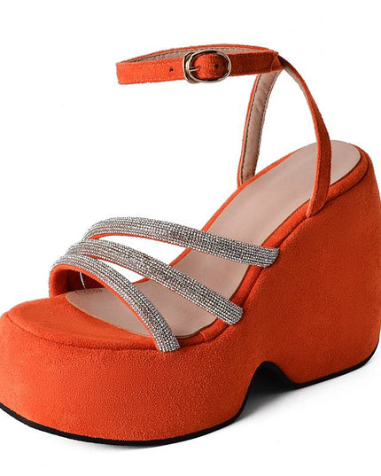 Ladies Sandals Wedges Flock Platform Hill 5cm Ankle Buckle Strap