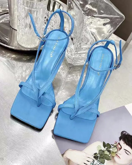 Elegant Square Toe Women's Sandals with Thin High Heels and Ankle Buckle Strap