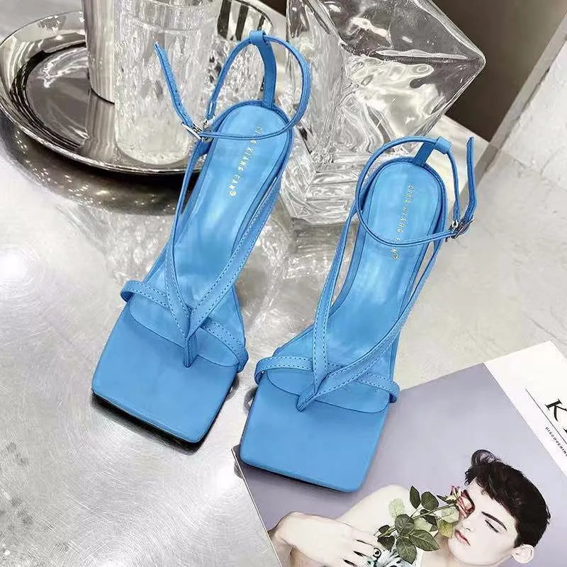 Elegant Square Toe Women's Sandals with Thin High Heels and Ankle Buckle Strap
