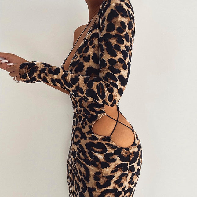 Sexy Bandage Cut Out Leopard Print Midi Kleid Outfits Damen Party Club Herbst Langarm Kleider Bodycon Kleidung