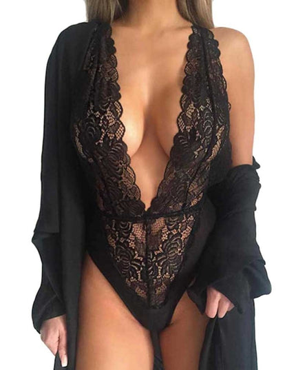 Spitzen-Body Damen Sexy Mesh Bodysuit Erotischer Ärmelloser Teddy Transparenter Tiefer V-Ausschnitt Dessous Kleid Heisse Erotik Dessous