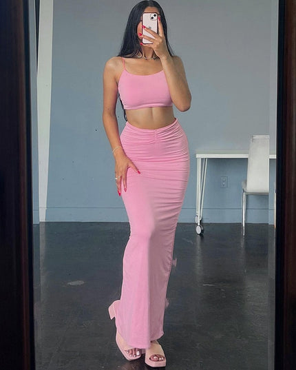 Sexy Rückenloses Einfarbiges Modisches Elegantes Kleid Set Gerafftes 2-Teiler Set Bodycon Club Party Co-Ord Sets Sommerkleidung