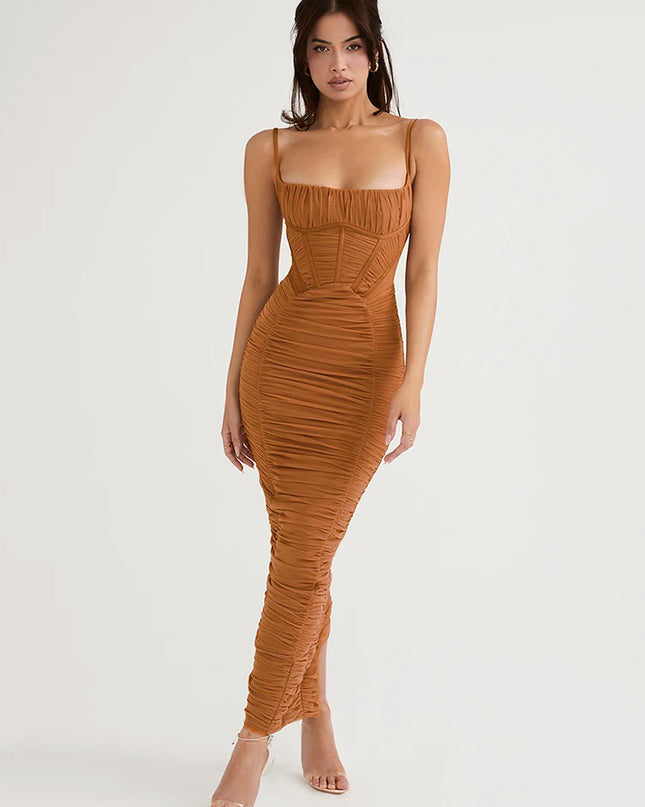 Atemberaubendes gerafftes Maxikleid – elegante Damenmode, ärmellos, rückenfrei, Reißverschluss, Vestido