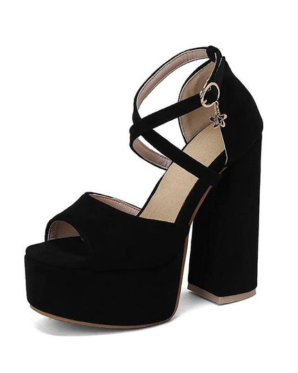 Luxry Female Sandals Peep Toe Block Heel Flock Suede Buckle Strap Sexy Party Shoes Big Size
