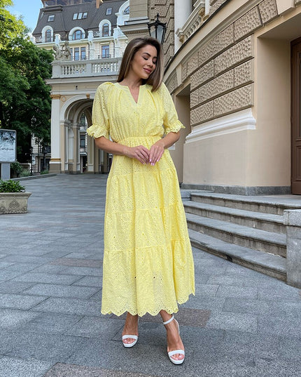 V Neck Elegant Beach Long Dresses Women Short Sleeve Hollow Floral Evening Dresses Ruffle Sexy Maxi Dress For Women Summer 2023