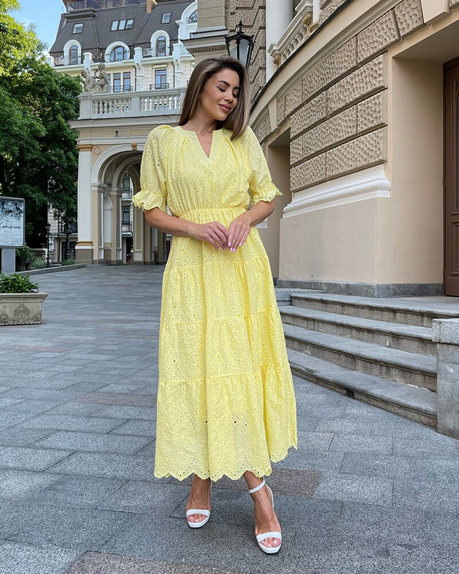 V-Ausschnitt Elegante Strandkleider Lang Damen Kurzarm Hohl Blumen Abendkleider Rüschen Sexy Maxikleid Für Damen Sommer 2023