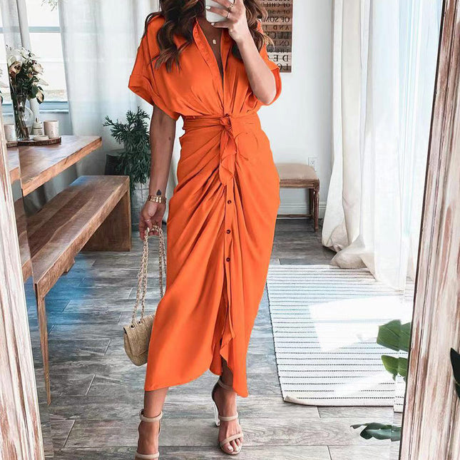 Elegante Damenkleider 2023 Sommer Mode Bedrucktes Kurzarm-Hemdkleid Vintage Taillenschnürung Knopfbandage Langes Kleid Robe