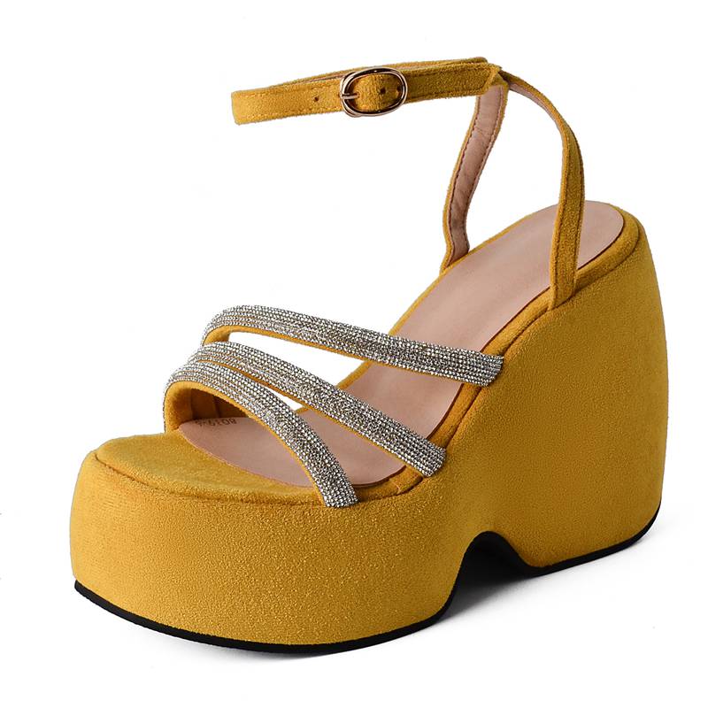 Ladies Sandals Wedges Flock Platform Hill 5cm Ankle Buckle Strap