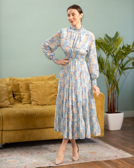 Boho Long Sleeve Chiffon Summer Party Dresses Pink Yellow Blue Purple Floral High Waist Ruffle Maxi Long Dresses For Women