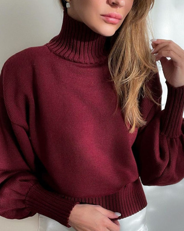 Fall Winter Knitted Puff Sleeve Sweaters for Women Pullovers Turtleneck Sweater Top Casual Fashion Outfits Clothes