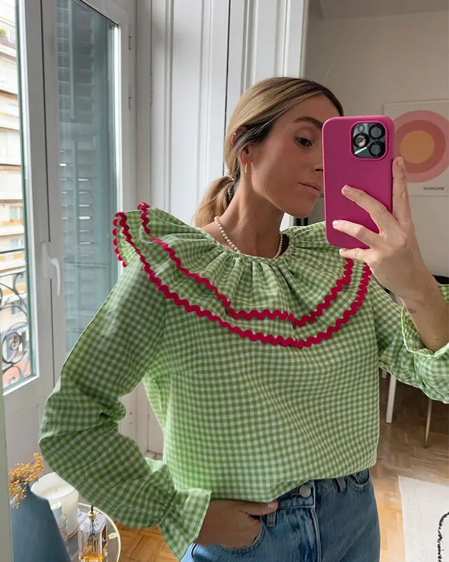 2024 New Women's Plaid Print T-Shirt: Elegant, Casual, Loose, Green