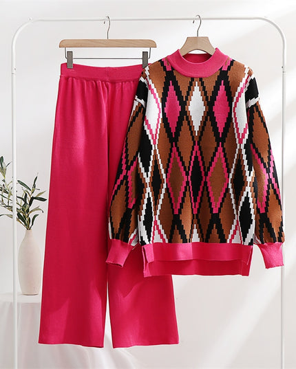 Lozenge Knitted Sweater Matching Set Loungewear Women Pants Suit 2 Piece Tracksuit Knit Two Piece Sets Womens Outifits Winter