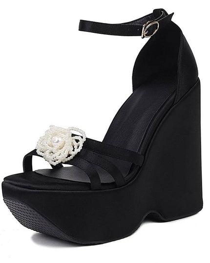 Women Sandals Open Toe Wedges Heel Platform Buckle Strap String Beads Flower Sexy Party Female Shoes Satin