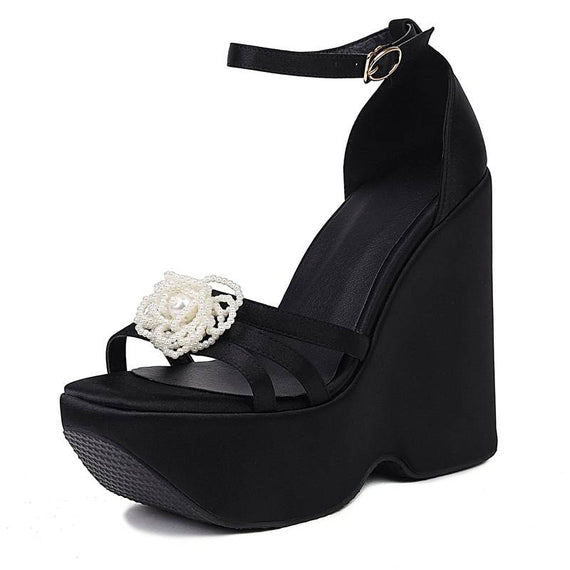 Women Sandals Open Toe Wedges Heel Platform Buckle Strap String Beads Flower Sexy Party Female Shoes Satin