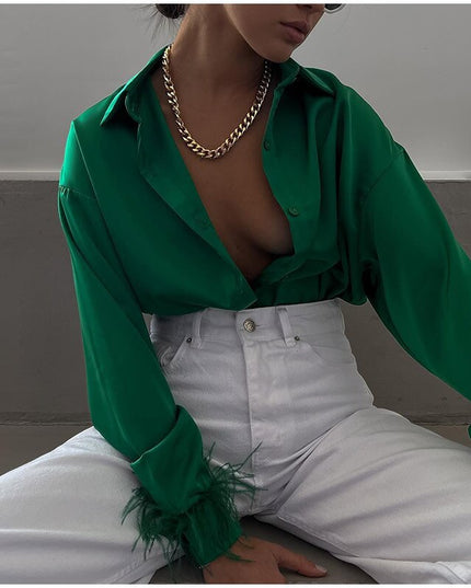 Elegante Damenblusen mit Federn, lässige modische Herbst-Oberteile, Button-Up-Satinblusen