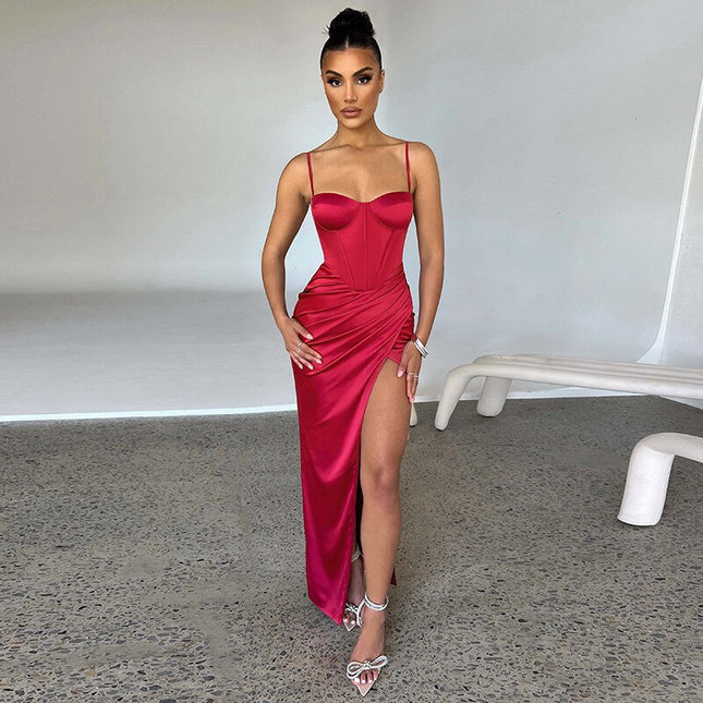 Drapiertes sexy, rückenfreies Korsett-Midikleid für Damen – modische Outfits, ärmellose Kleider mit Schlitz, Party-Club-Abendgarderobe