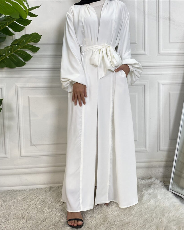 Mode Einfache Elastische Ärmel Djellaba Muslimisches Kleid Dubai Durchgehendes Weiches Abaya Dubai Türkei Muslimischer Islam Robe mit Gürtel
