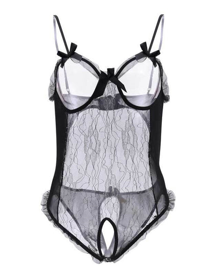 Damen Transparenter Spitzenbody Sexy Cutout Dessous Schlafanzug Tiefer V-Ausschnitt Body Netz Blumen Offener Schritt Teddy Erotikkostüm