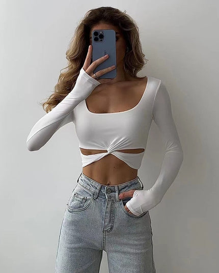 Damen Langarm Oberteile mit Knoten, lässige Mode Outfits, Herbst Basic T-Shirts, schmale Streetwear, bauchfreie Oberteile