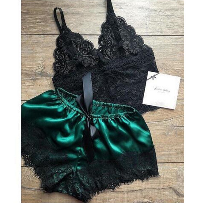Ladies Sexy Pajamas Satin Pajamas Set Silk Lace Casual Two Piece Slings Fashion Solid Color Lingerie Women's Sexy Pajamas