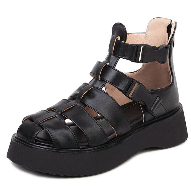 Women Shoes Sandals Round Toe Platform Flats Thick Cover Heel Buckle Strap Rome Style Solid Black White Leisure