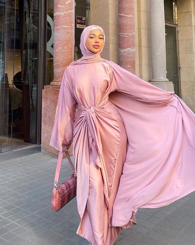 Ins Fashion Djellaba Muslim Sets 2 Piece Silky Muslim Suits Elegant Long Islamic Women Modest Wear Clothing Satin