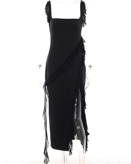 Elegant maxiklänning med volanger och slits, sommaroutfit för kvinnor, aftonklänning, klubbklänning, festklänning, sexig ärmlös klänning med våder
