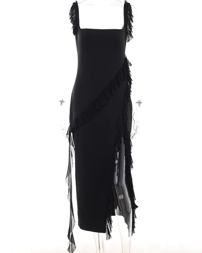 Elegant Ruffle Slit Maxi Dress Summer Outfits for Women Gown Club Party Vestido Sexy Sleeveless Tierred Dresses