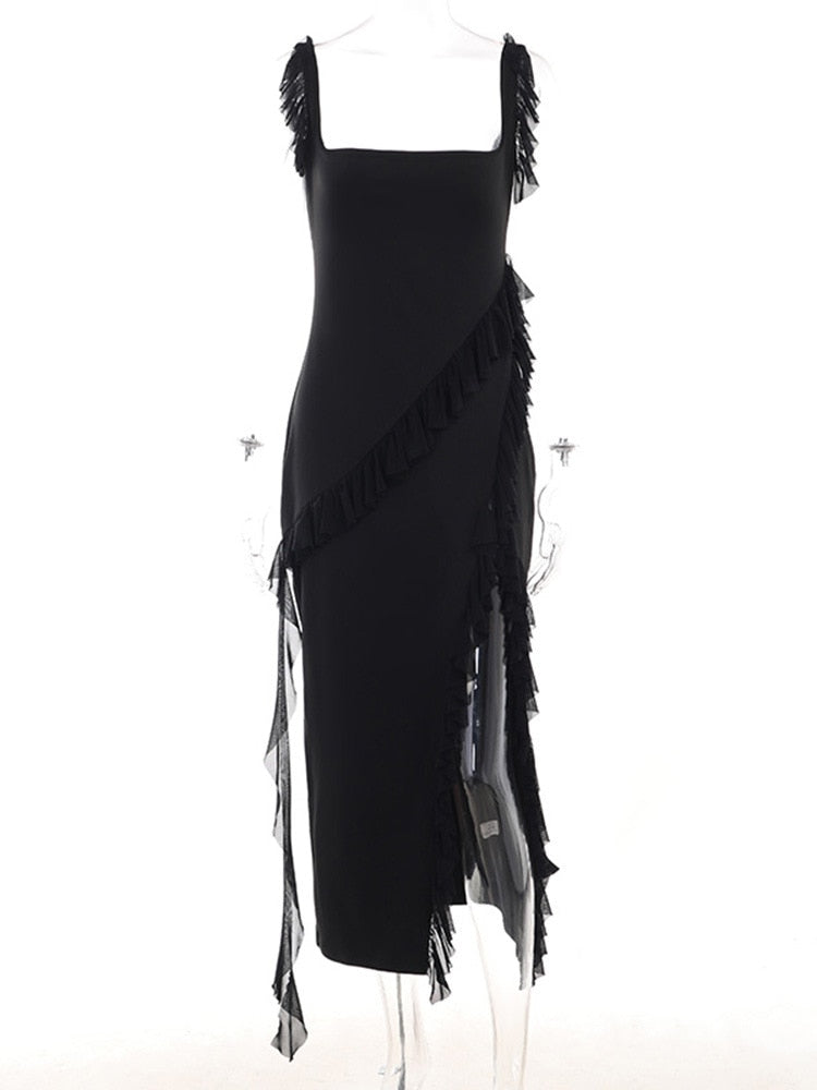 Elegant Ruffle Slit Maxi Dress Summer Outfits for Women Gown Club Party Vestido Sexy Sleeveless Tierred Dresses