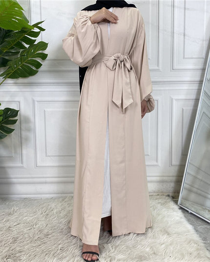 Fashion Simple Elastic Sleeved Djellaba Muslim Dress Dubai Full Length Soft Abaya Dubai Turkey Muslim Islam Robe With Belt