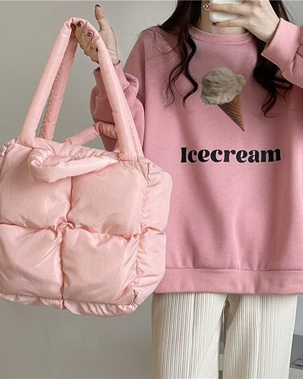Quilted Down Tote Shoulder Bag for Women Soft Stuffed Ladies Designer Pillow