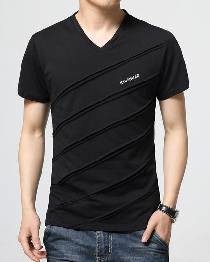 New Summer T Shirt Men Patch Mens T-shirt Casual V Neck T-shirt Slim Tee Shirt Hommes Design Solid Color Short Sleeve Shirt