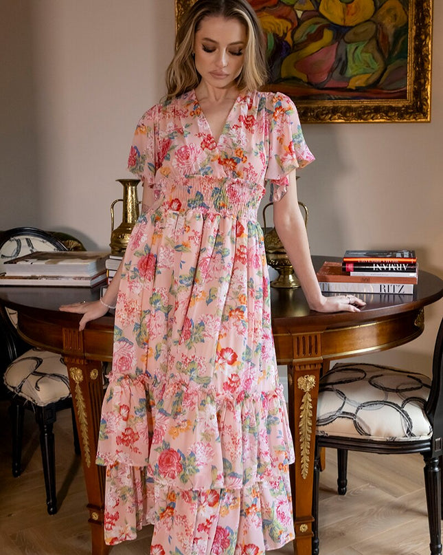 Pink Weiß Geblümt Plissiertes Langes Damenkleid V-Ausschnitt Sexy Strandkleid Kurzarm Chiffon Boho Maxikleider für Frauen Sommer 2023