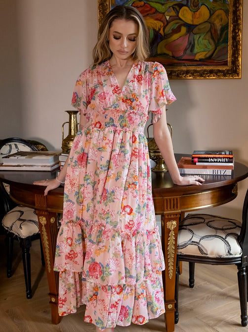 Pink White Floral Pleated Long Women Dress V Neck Sexy Beach Dress Short Sleeve Chiffon Boho Maxi Dresses For Women Summer 2023