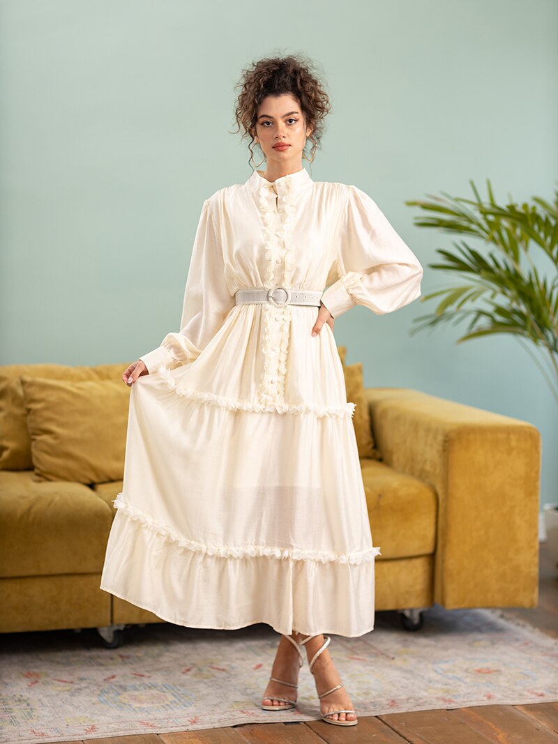 Elegant Ladies Women Long Pleated Evening Dress White Pink Blue Green Chiffon Long Sleeve Summer Dress with Belt For Women
