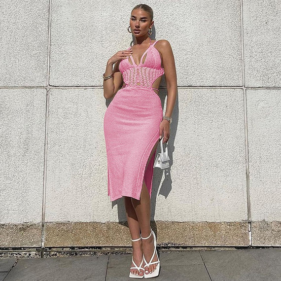 Knitted Cut Out Halter Sexy Backless Summer Beach Dress for Women Elegant Outfits Bandage Slit Dresses Bodycon New