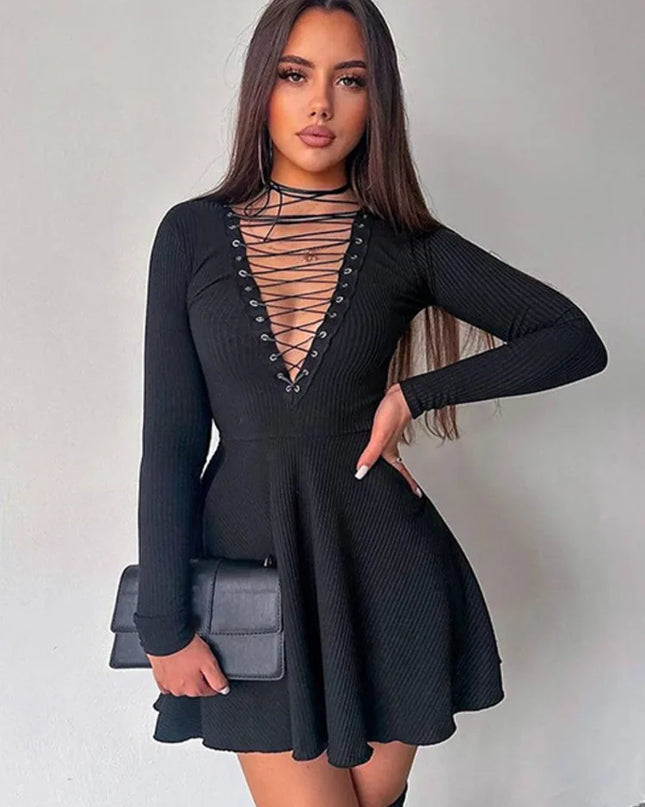 Chic Ribbed Mini Dress for Women - Deep V Neck, Long Sleeve, Pleated, Loose Fit - Fashionable Outfit for Females
