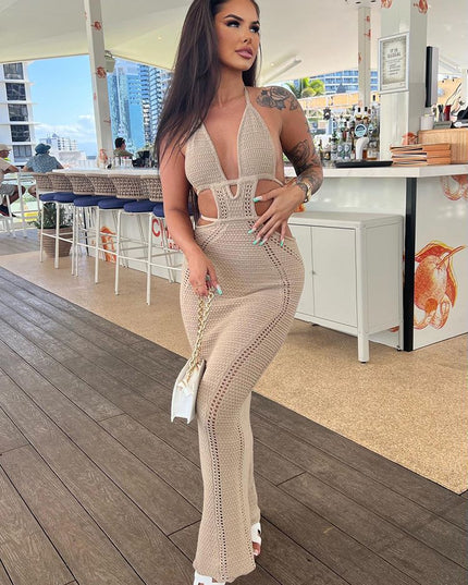 Summer Beachwear Hollow Out Maxi Dress Sexy Backless Halter Outfits for Women Party Bodycon Long Dresses Vestido