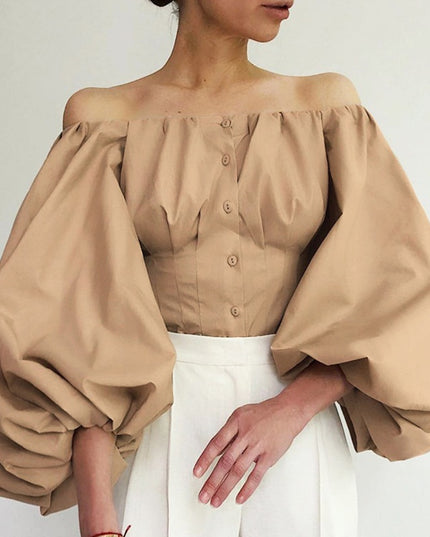 Off Shoulder Laternenärmel Sexy Damen Oberteil und Blusenhemden Knöpfbare Rückenfreie Crop Tops Mode Blusen Mujer