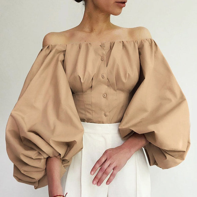 Off Shoulder Laternenärmel Sexy Damen Oberteil und Blusenhemden Knöpfbare Rückenfreie Crop Tops Mode Blusen Mujer