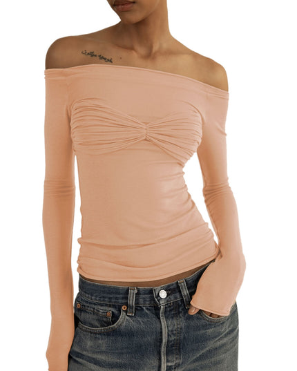 Elegante schulterfreie geraffte Strickoberteile für Damen, modische Frühling-Sommer-Langarm-Club-Party-Unifarben-T-Shirt-Kleidung